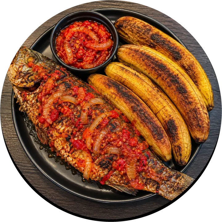 Roasted plantain with grilled fish and pepper sauce
